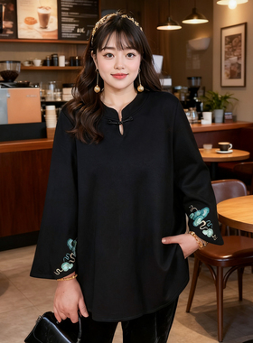 甜觅特大码女装秋冬装胖mm300斤重工刺绣新中式国风空气棉卫衣