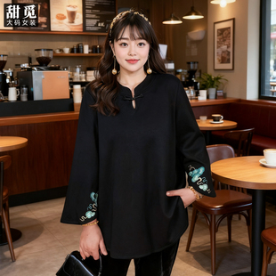 胖mm300斤重工刺绣新中式 秋冬装 国风空气棉卫衣 女装 甜觅特大码