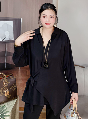 甜觅特大码女装2025秋装胖mm300斤简约OL蝴蝶结宽松长袖V领上衣