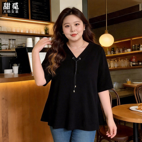 甜觅特大码女装夏装胖mm300斤胖妹妹简约百搭绑带显瘦V领针织衫