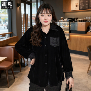 气质蕾丝拼接丝绒衬衫 甜觅特大码 胖mm300斤加肥加大码 春秋装 女装