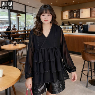 雪纺衫 甜觅特大码 胖mm300斤蕾丝拼接V领宽松大A版 2025春秋装 女装