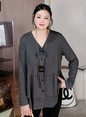 甜觅特大码女装2025秋装胖mm300斤时尚百搭宽松大A版V领针织衫T恤