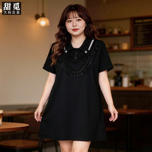 甜觅特大码女装夏装胖mm300斤胖妹妹重工钉珠蕾丝边POLO领连衣裙