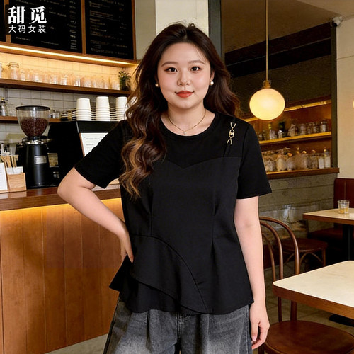 甜觅特大码女装夏装胖mm300斤胖妹妹时尚韩版假两件显瘦短袖T恤
