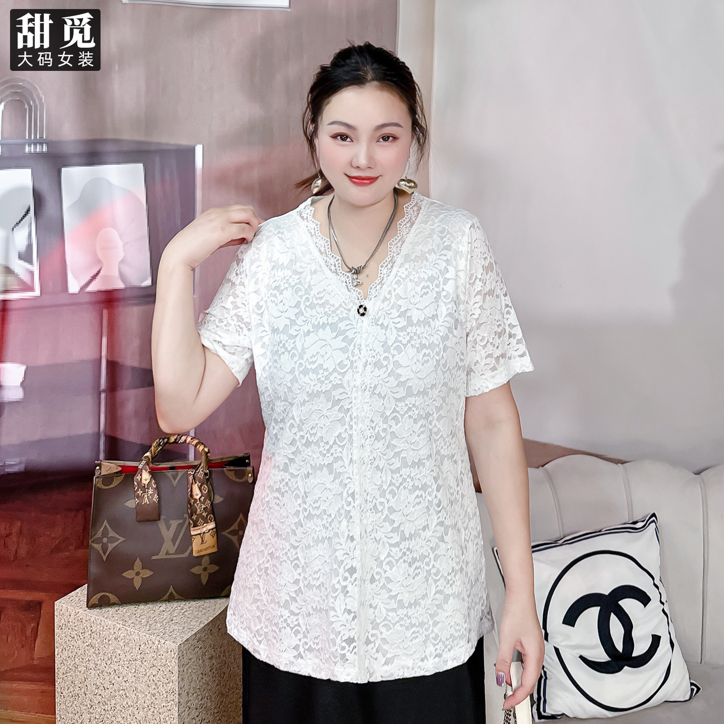 甜觅特大码女装2025夏装胖mm300斤淑女气质中长款短袖V领蕾丝衫