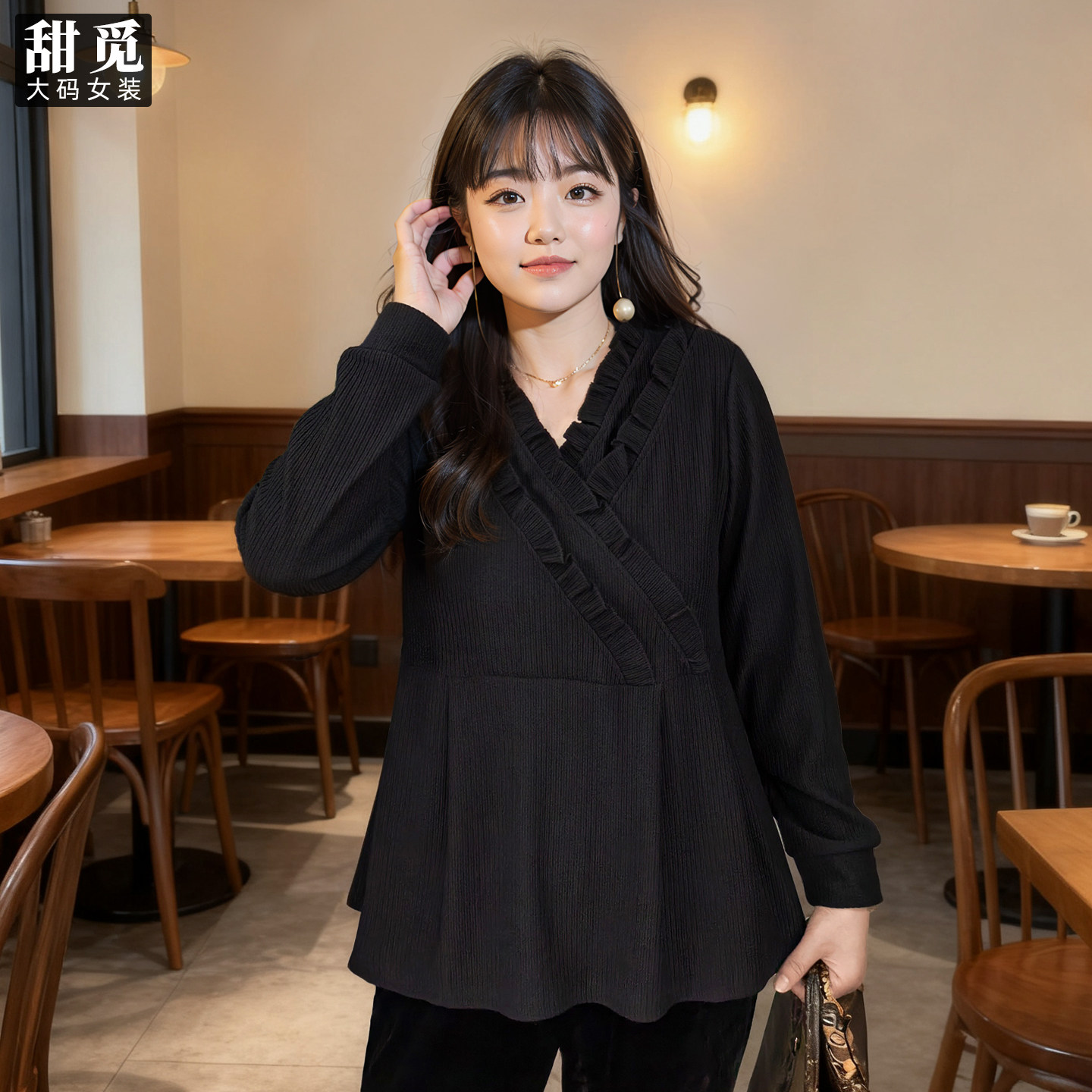 甜觅特大码女装春秋装胖mm300斤加肥加大码淑女荷叶边V领针织衫