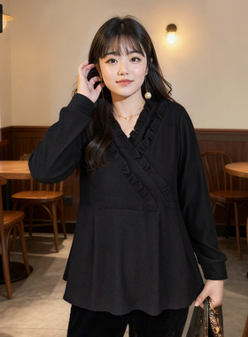 甜觅特大码女装春秋装胖mm300斤加肥加大码淑女荷叶边V领针织衫