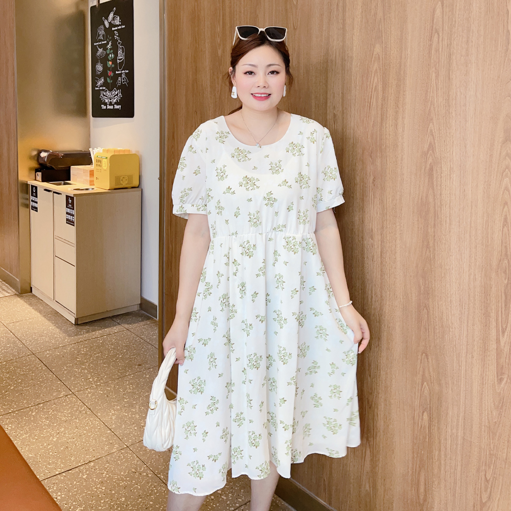 甜觅特大码女装2023夏装胖mm320斤中长款碎花雪纺圆领连衣裙DF