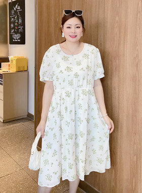 甜觅特大码女装夏装胖mm320斤中长款碎花雪纺圆领连衣裙DF