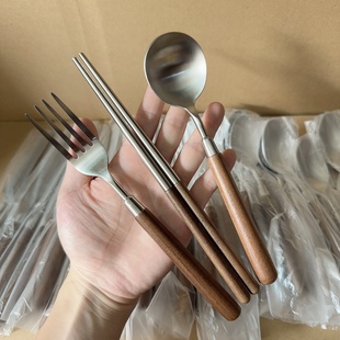 实木胡桃木餐具304不锈钢勺子筷子套装家用木柄汤勺西餐餐勺叉子