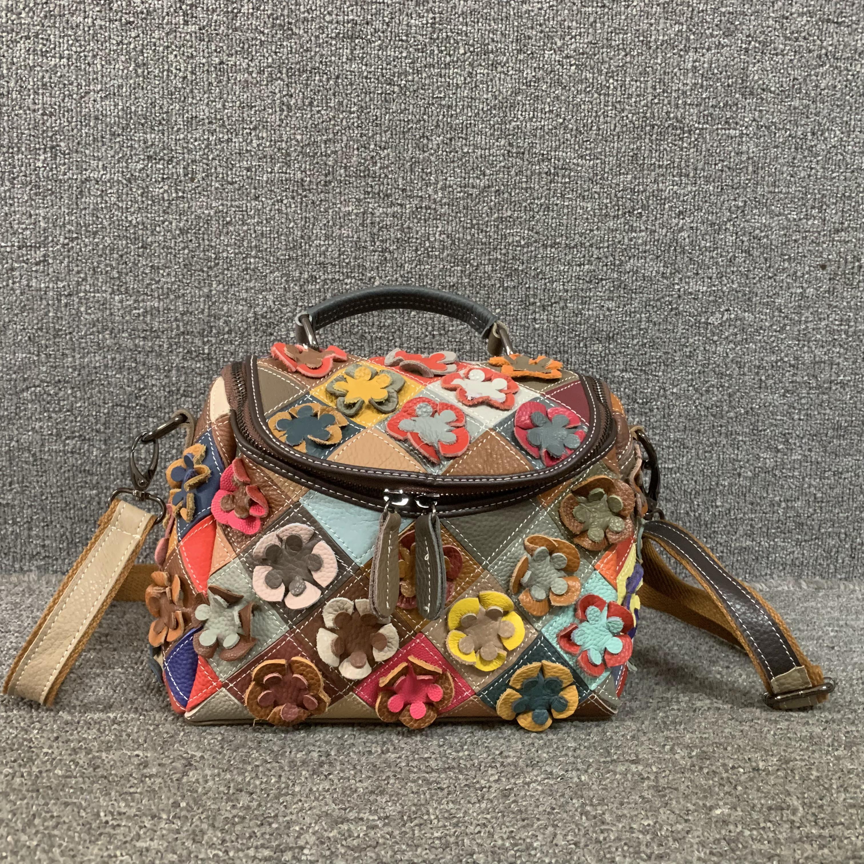 彩色头层牛皮手提单肩桶包女百搭