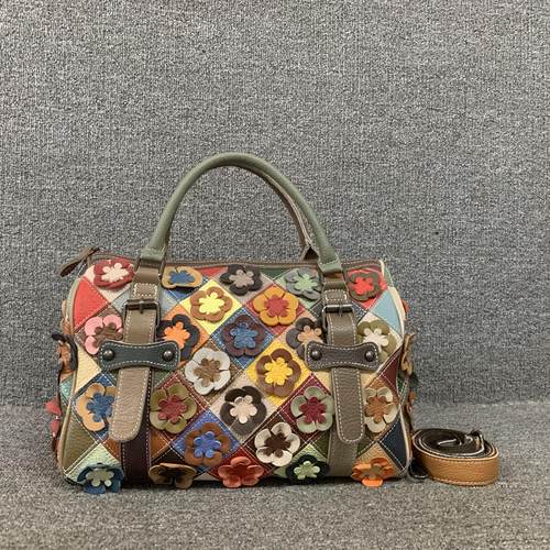 头层牛皮彩色手提单肩简约枕头包