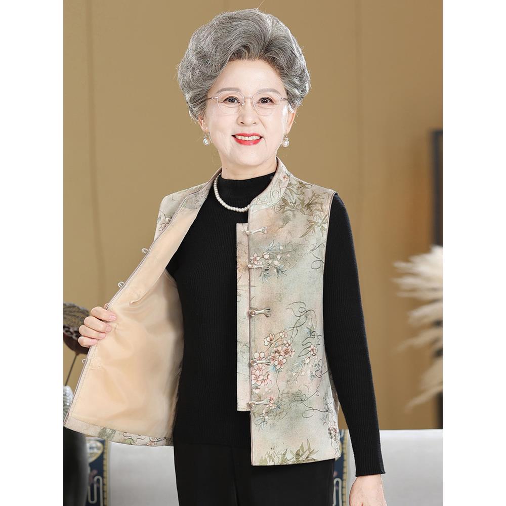 新中奶奶盘妈妈装马甲中老年XSN女装大码春秋薄款国扣坎风式马夹