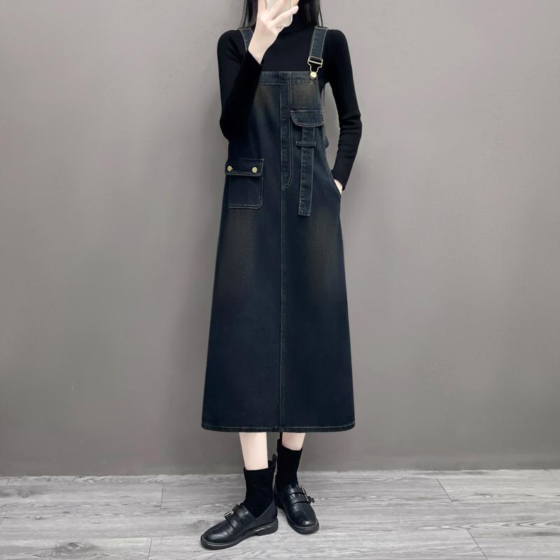 春季新款加大码中YIG长裙吊搭宽百松洋派抱婴裙袋长牛仔带a字洋装