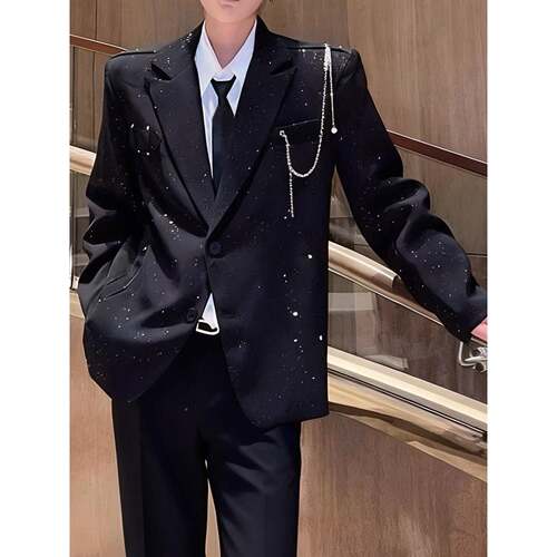 感高级黑满天上星西装外套男垫肩XZ75帅气百搭韩版流行炼条小西色