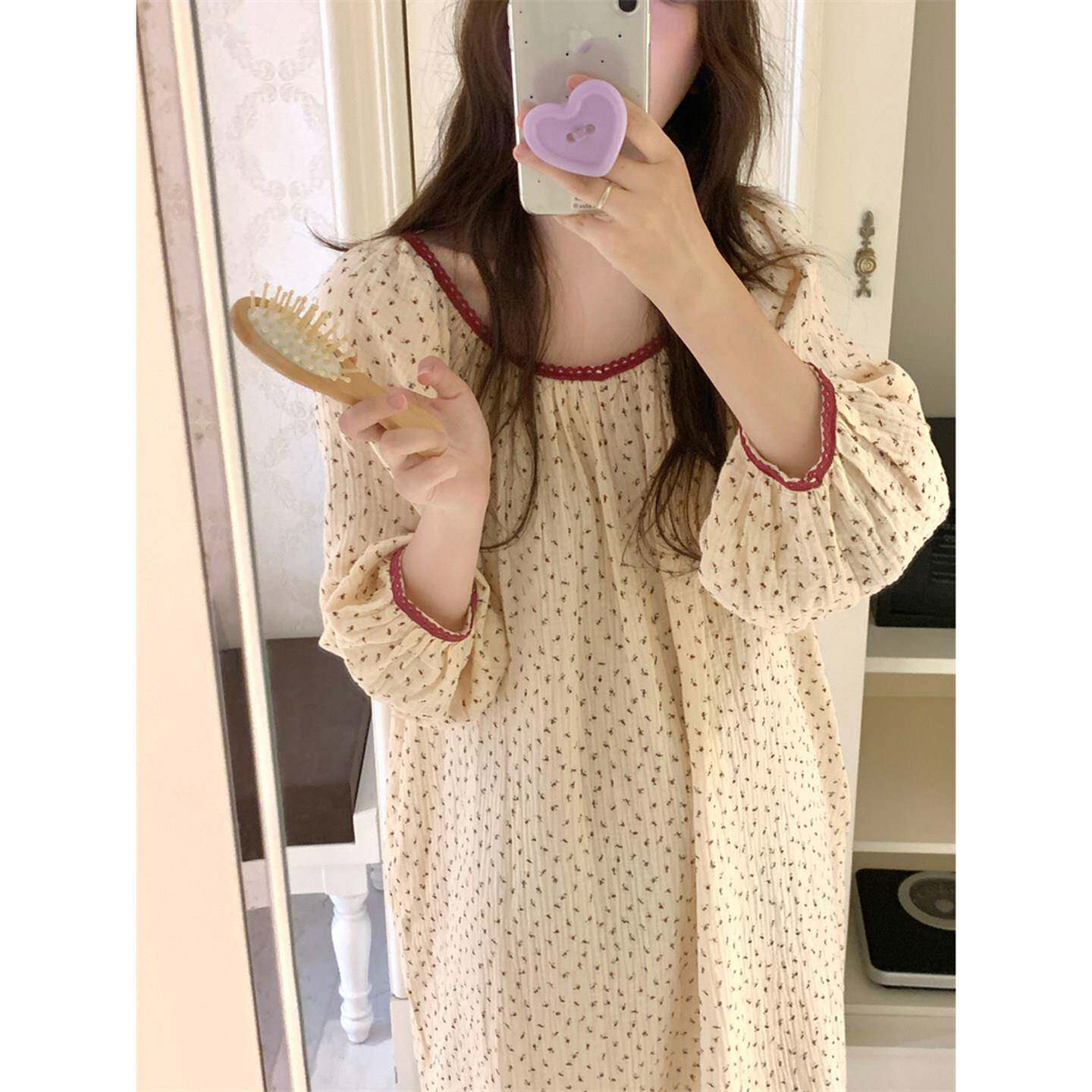 日系甜小玫款瑰棉纱睡裙女美春秋圆领小XGF碎花长宽松连衣袖裙家