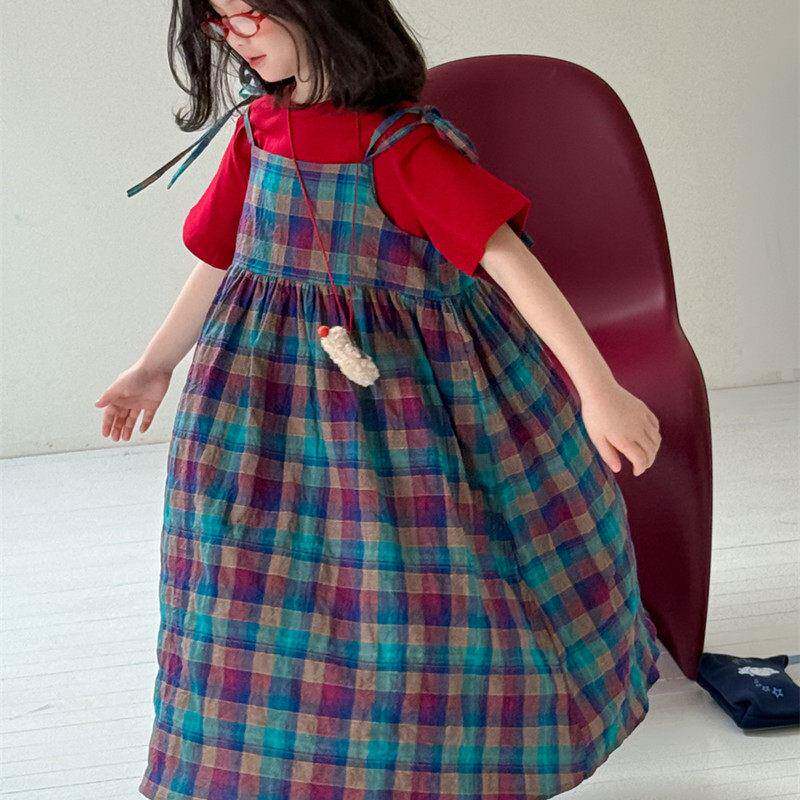 OOA夏韩版彩色格子吊带裙女季新品儿童休闲童宽松连衣裙内搭红色T