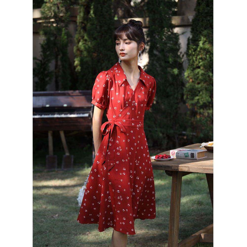 雪纺泡泡洋装衫女夏0收腰显瘦223款法式气质赫本风雪纺红色中长衬