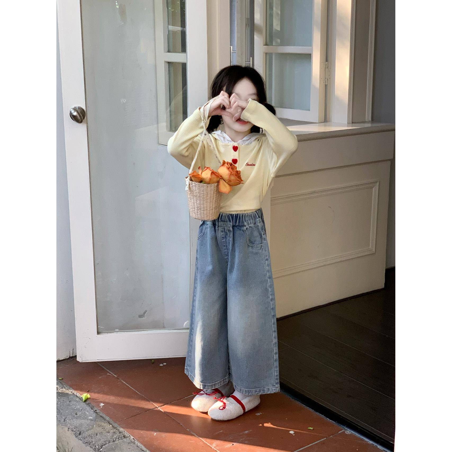 童秋季女套装童新款儿洋LWS气上衣Tt小女孩连帽卫衣牛仔阔恤腿裤