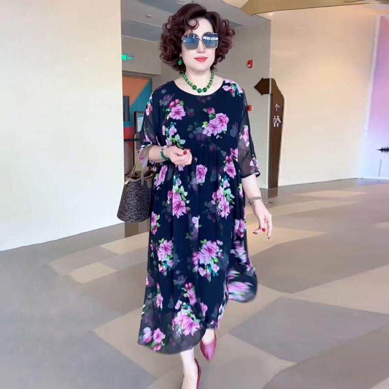 货夏季欧妈DZM妈装乔其纱洋装尚气质宽松遮肉大尺码减龄碎长时版