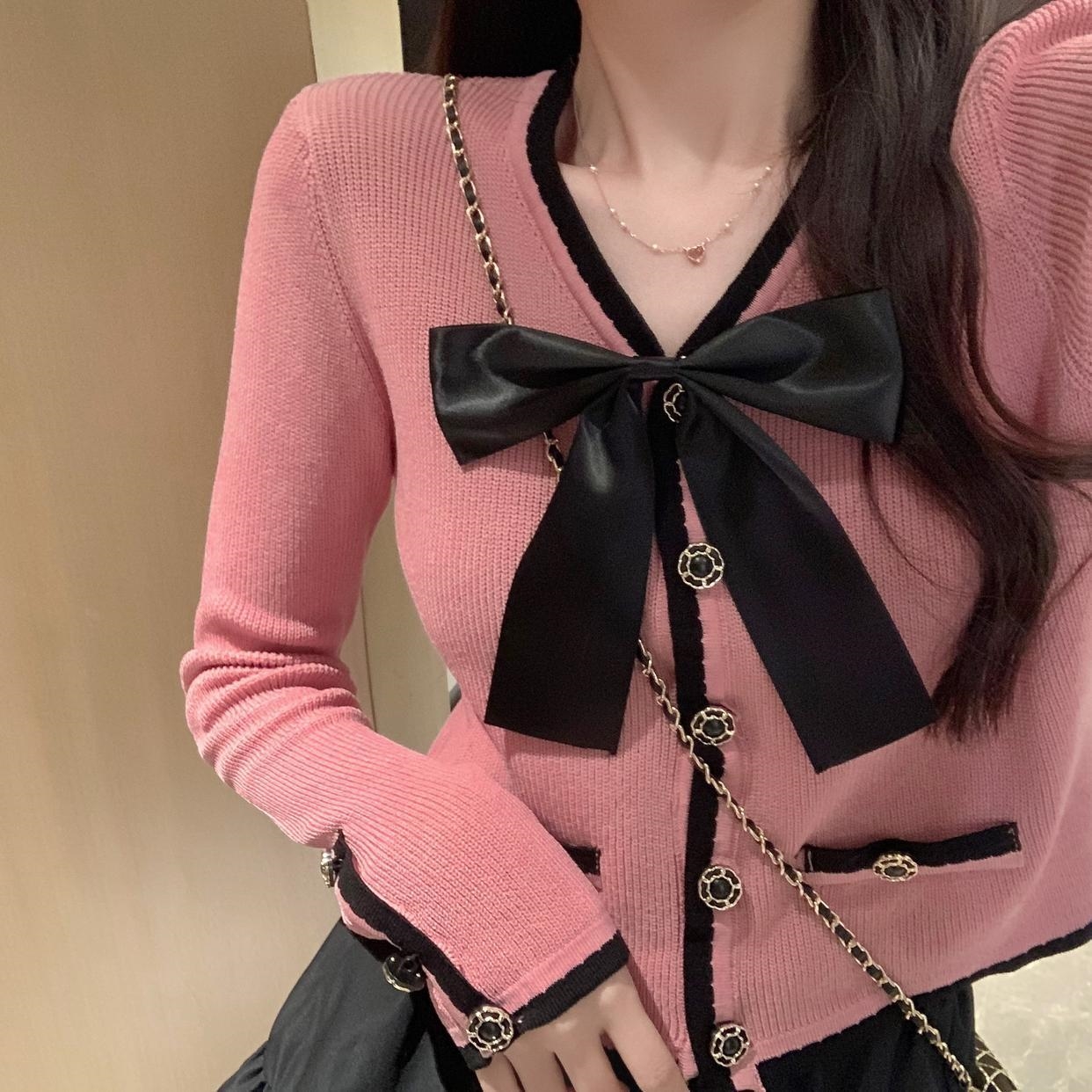 小香风蝴蝶结毛衣开衫外套女春秋新款外穿针织衫露脐显瘦短款上衣