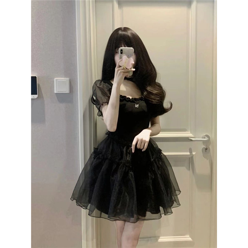 泡袖黑色连衣裙女夏季法式