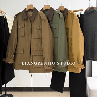 棉衣。夹棉。公司货。工装厚实保暖牛仔收腰拼皮领风衣外套CR