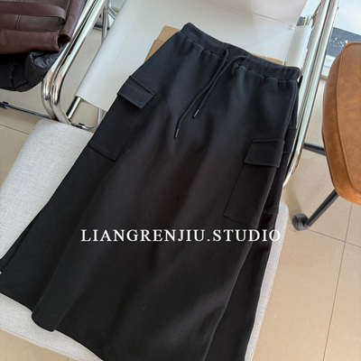 松紧腰纯色工装半身裙