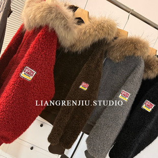 双me正品。加厚非常温暖。加绒毛呢真毛领连帽短外套棉衣MR