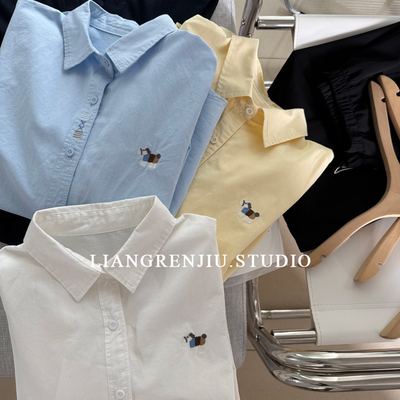 牛津绵。紧实优质春季新款刺绣翻领宽松大版型长袖衬衫2623C