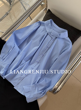 JJY正品。梭织棉条纹不规则欧式长袖气质通勤翻领衬衫2658A