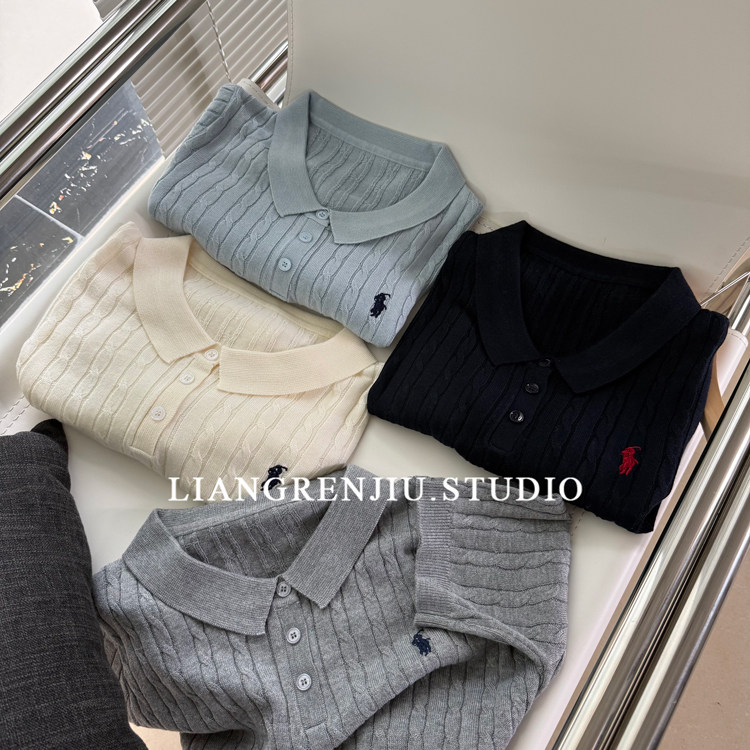 难以取舍。翻领Polo麻花编织柔软韩版显瘦春夏针织短袖上衣C