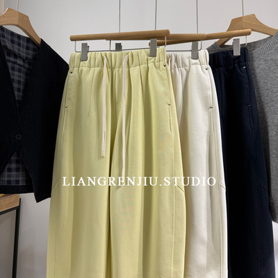 松紧腰直筒纯色休闲裤