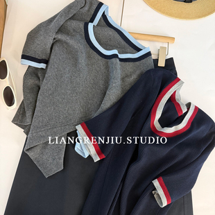 短袖 品质绝 撞色针织鹅蛋领秋季 推荐 气质上衣88165M 柜货