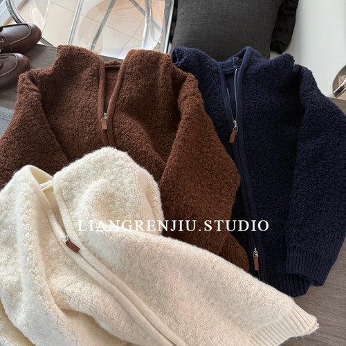 连帽纯色拉链百搭针织外套