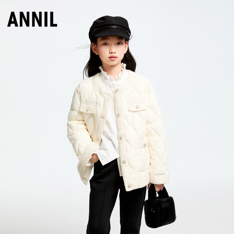 安奈儿童装女童轻薄羽绒服冬三防小香风保暖短款甜美弹力