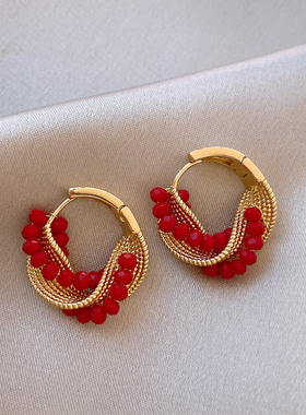新款红色锆石麻花圈圈耳扣女法式复古感轻奢耳环小众设计耳饰
