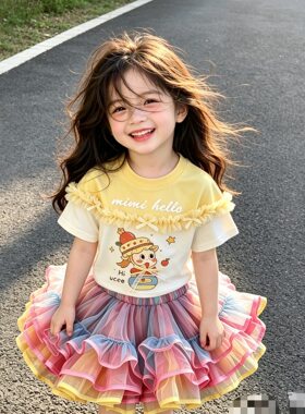 女童夏季卡通套装2026新款女孩韩版可爱拼接短袖彩色tutu裙两件套