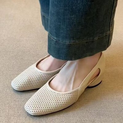 品牌折扣法式凉单鞋女方头镂空洞洞鞋2026夏新款复古浅口中空透气