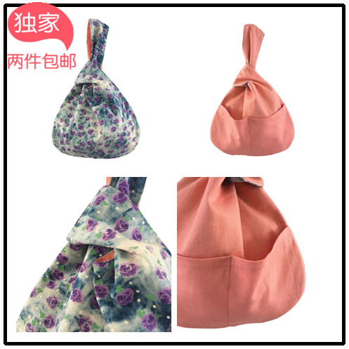原创手工紫玫瑰 水洗牛仔撞粉色日式手拎包袋 两面用特色小手提包