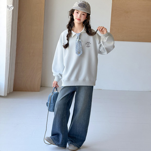 女童秋季新款韩版领带套头卫衣牛仔阔腿裤套装春秋学生宽松上衣潮