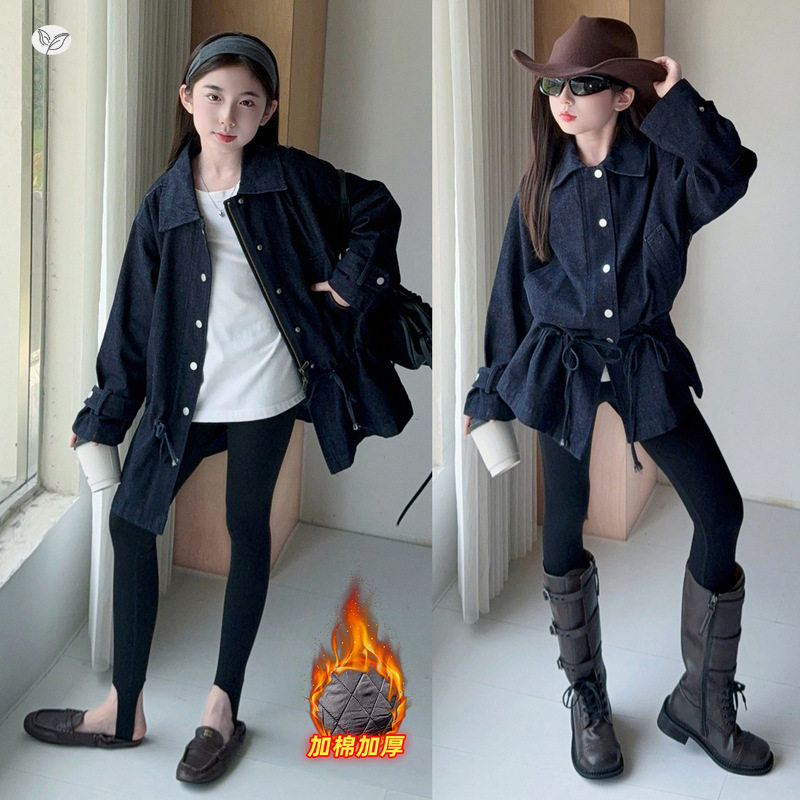 女童新款韩版抽绳收腰加棉长款牛仔外套复古套装休闲修身打底裤潮