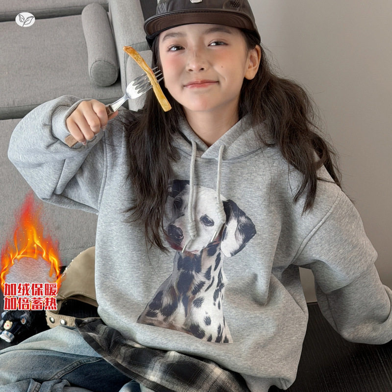 女童秋冬新款韩版卡通加绒加厚套头卫衣大童保暖宽松连帽衫上衣潮