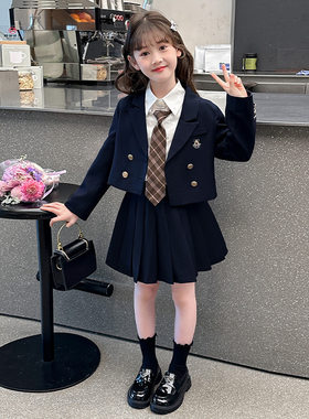 女童学院风套装2026秋季新款中大童衬衫西服外套百褶裙短裙三件套