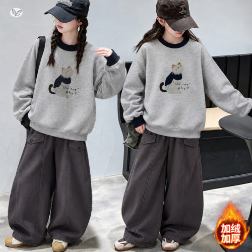 女童韩系新款冬季加绒小猫外穿卫衣上衣中大童加厚弯刀裤长裤套装