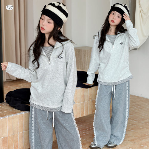 女童套装2026秋季新款中大儿童假两件条纹拼接卫衣花边卫裤两件套