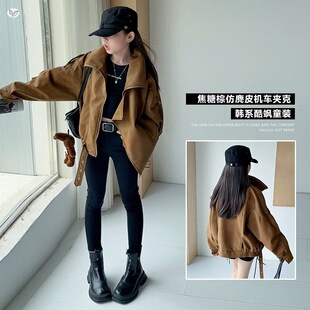 女童26深秋新款韩版重工绒面机车服外套加厚中大童短款夹克衫外套