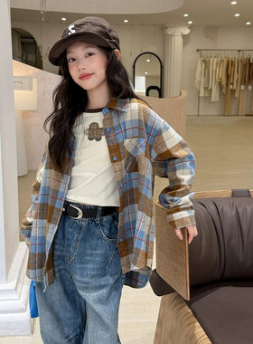 女童秋季套装2026新款中大童打底衫格子衬衫牛仔裤韩系秋装三件套