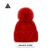 MUJIER冰岛新年红亮片兔绒针织帽子女秋冬保暖圣诞狐狸毛球毛线帽